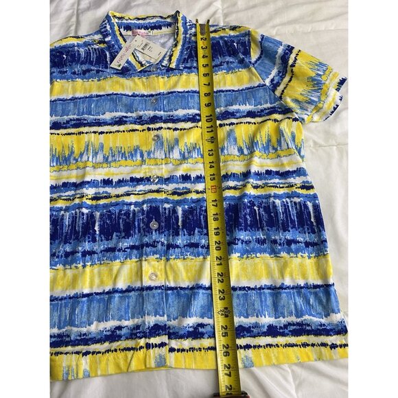 Woman's Short-Sleeve Button-Up Shirt XL Blue Yellow Striped Casual Palm Harbor - Picture 7 of 12